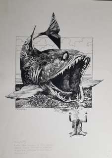 Sergio Toppi - Dessin original "Jonas et le Grand Poisson" scène biblique - Loose page | Catawiki