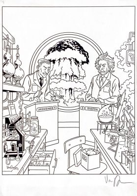 Peter van Dongen dessin original à l’encre Oppenheimer et Einstein | Comic Art Masters
