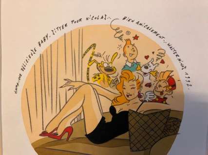 Walter Minus | Minus, Walter - Dessin original - " Baby-sitter" - clin d’oeil Ã  Tintin, Spirou et le Marsupilami - Page volante - (1992) | Catawiki