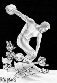 Bas Heymans | Bas Heymans - Originele tekening - Donald Duck - " Donald Duck als schijfwerper naast grieks beeld" | Catawiki
