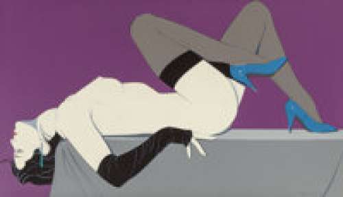 Patrick Nagel (American, 1945-1984)
 Nude on Back with Black Stockings, 1983
 Acrylic on canvas
 27 x 47 in.
 Signed and... | Heritage