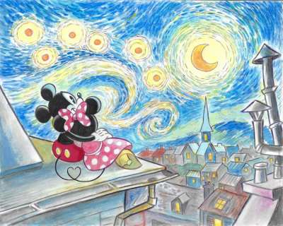 Tony Fernandez, Disney Artist | Mickey & Minnie inspired by Van Gogh "Starry Night" (1889) - Original Painting - Signed by Tony Fernandez - Acrylic Art | Catawiki