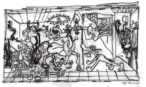 Tony Fernandez, Disney Artist | Disney Friends inspired by Picasso’s "Guernica" (1937) - Original Preliminary Sketch - Tony Fernandez Signed | Catawiki