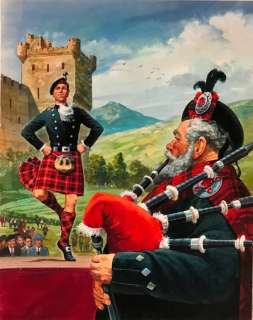 Brook, Robert | Robert Brook - Look and Learn - Dancing around the World - Warrior’s Dance / Highland Dancing - Gouache - (1968) | Catawiki