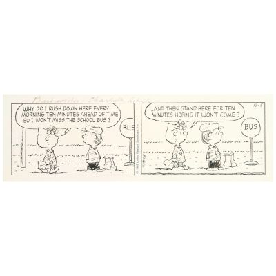 Lot 51 - CHARLES M. SCHULZ (1922-2000) Peanuts Daily Comic Strip (December 5, 1989) sheet 7 x 20 3/4 in. (17.8 x 52.7 cm.) (Executed in 1989.) | Bonhams