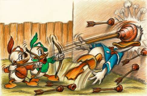 Joan Vizcarra | Donald Duck and His Nephews - Robin Hood! - Original Painting - Joan Vizcarra - Pencil Art - Original Artwork | Catawiki