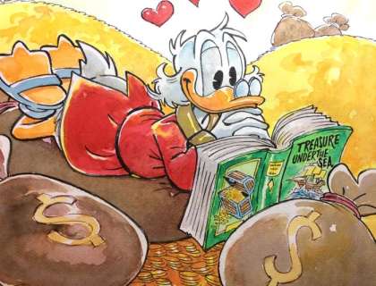 Alessandro Gottardo | Uncle Scrooge - "Tonight’s reading: Treasures under the Sea" - Signed Original Watercolour by Alessandro Gottardo - Page volante - (2021) | Catawiki