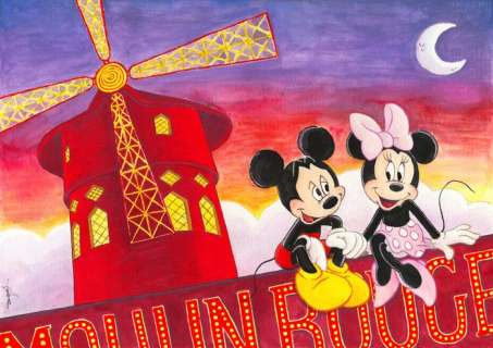 Jordi Juan Pujol | Mickey and Minnie - "Romantic Night At Moulin Rouge Roof" - Original Painting - Jordi Juan Pujol - Signed (front and back) - Original Watercolor - Original Art | Catawiki