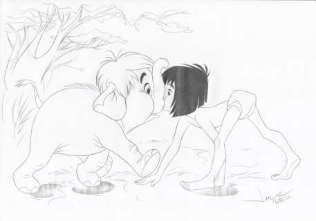 Jaume Esteve, Disney Artist - Mowgli & Hathi JR [The Jungle Book, 1967] - Best Friends! - Original Drawing - Jaume Esteve - Signed - Pencil Art - Original Artwork