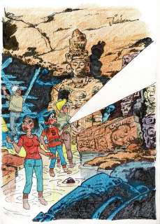 Jidéhem | Sophie, Le tombeau des glyphes, dessin original à l’encre de chine et aux crayons de couleurs reprenant la couverture de l’album. | Septimus