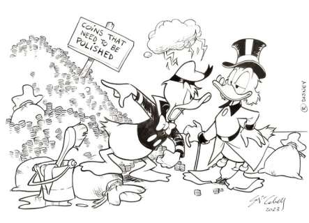 Sergio Cabella | Uncle Scrooge - "I don’t want to polish all those coins" - Signed Inked Drawing by Sergio Cabella - (2023) | Catawiki
