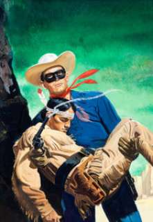 Hank Hartman The Lone Ranger #75 Painted Cover Original Art (Dell, 1954). The Lone Ranger carries a wounded -