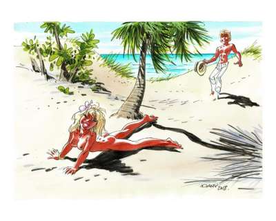 Dany | Dany - Illustration originale - Olivier Rameau et Colombe à la plage - (2018) | Catawiki