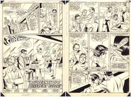 Alex Saviuk, Dennis Jensen - Action Comics #559 Pgs. 1 / 23 & 2 / 24 Two Page Set - ‘A Superman of a Different Color!‘ Title Splash - Clark Gets a Haircut - 1984
