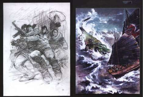 Vernes / Follet | Original study illustration for the novel Bob Morane "La croisière du Mégophias" + signed sketchbook | Catawiki