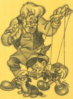 Joan Vizcarra - Pinocchio, Gepetto and Figaro - Pencil Art - Hand Signed - Original Drawing | Catawiki