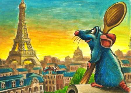 Joan Vizcarra - Ratatouille: Remy & The Eiffel Tower - Original Painting - 46 x 32 cm | Catawiki