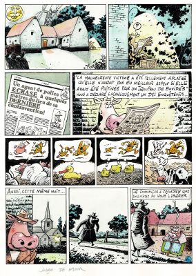 Johan De Moor - Lot 345 - Lait Entier, Sacrées vaches, planche originale à l’encre de chine et à l’aquarelle.