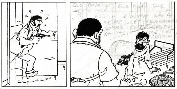 Hergé - Lot 398 - Tintin el les Picaros, double case originale à l’encre de chine et à la mine de plomb pour le 3ème strip de la planche 17 de l’album. Publié le 11 novembre 1975. Reproduit dans plusieurs ouvrages, dont la chronologie d’une oeuvre.