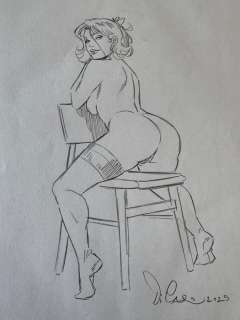 Di Caro, Gabriele - 1 Original drawing - Pin Up - Femme nue à cheval sur une chaise - 2025 | Catawiki