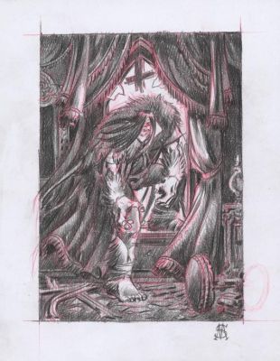 Stan Manoukian | Crayonné préparatoire de "Je vis la plus hideuse et exécrée des silhouettes" Illustration originale, Chapitre XXIII - Frankenstein | Daniel Maghen