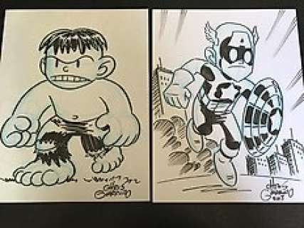 2 x Original Mini Marvel Sketches By Chris Giarrusso 