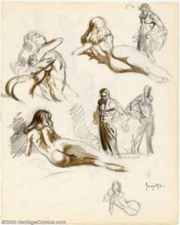 Frank Frazetta - Original Sketch Art (undated). A man stands over the bed of a nude woman, removing his shirt, his - | Heritage