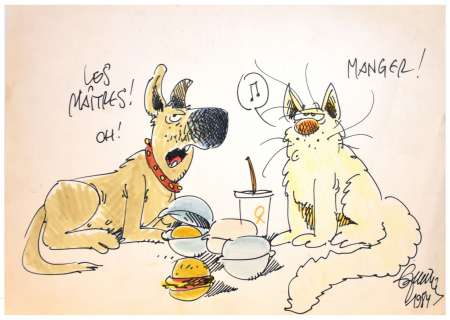 Frédéric Jannin - Dessin OriginalChien et chatâ€¦ sur papier épais 39 x 29,5 cm au [...] | Arthema Auction