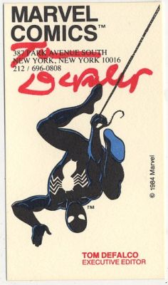 Tom Defalco | 1984 Tom Defalco Marvel Business Card, Autographed Black Suit Spiderman | Catskill Comics