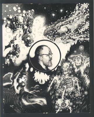 Stephen Fabian | Outstanding Fabian Book Cover - Tribute To Virgil Finlay - Portrait of Finlay Surrounded By Women And Horror Elements Issue the Book of Virgil Finlay Page Back Cover | Koch Comic Art