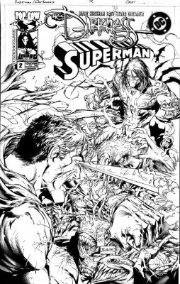 Marc Silvestri | Silvestri, Marc - Darkness Superman #2 Cover, Battle W/ Two Titans! 2005 | Cool Lines Art