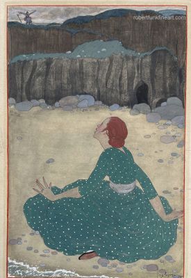 Georges Lepape | Georges Lepape , Art Nouveau Woman on Beach in Green Dress Romantic Story "Le Retour | ComicArtFans Classifieds