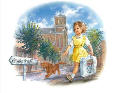 Marlier, Marcel | MARTINE ET SON CHIEN AU SALON DE LA BD. Gouaches et aquarelle | Coutau Bégarie