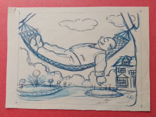 Louis Forton | Louis Forton La Sieste dans le Hamac ,Joli Dessin Original Signé Préparatoire au Crayon Bleu Étude Pele Mele 1 Année 20 | 2DGalleries