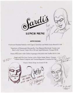 THE PHANTOM SARDI’S ARTIST LUNCHEON LOT OF MULTI-SIGNED & SKETCHED EPHEMERA. | Hake’s