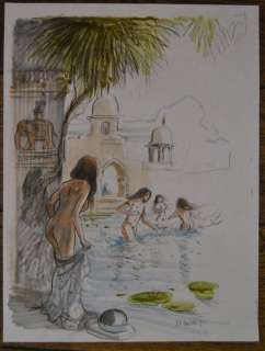India Dreams - Aquarelle originale - Nus temple, jeux  dans le lac | Catawiki