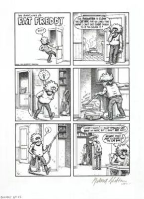 Gilbert Shelton | Freak Brothers – Fat Freddy’s cat – Just cleaned out the cat box | La Galerie de la Bande Dessinée