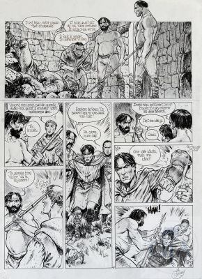 Delaby/L‘étoile polaire. Planche originale n°28 de l‘album T3 "Les faux jumeaux" illustrant une scène d‘action brutale. Encre de Chine et mine de plomb signé et daté 1995. TBE+. 36 X 50 cm - Lot 163 :