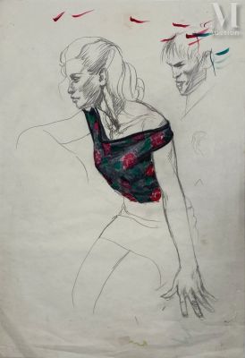 Liberatore, Tanino (Né En 1953) | Lot 139 : Femme au haut à fleurs. Crayon et pastel pour cette illustration. | Millon