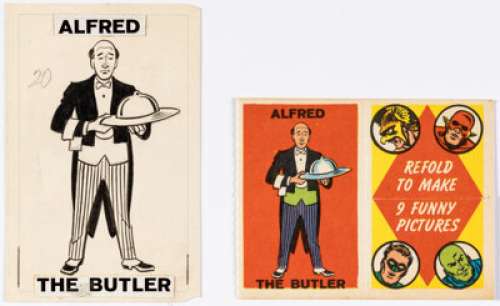 Wally Wood Comic Book Foldees Card #20 Alfred Pennyworth Illustration Original Art (Topps, 1966). (Total: 2 Items)