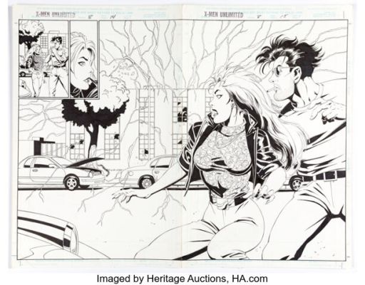 Dan Lawlis, Tom Grummett, and Ian Akin X-Men Unlimited #8 Jean Grey and Gambit Double Page Spread 14-15 Original Art (Marvel, 1995).
