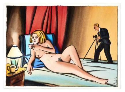 LOUSTAL (Jacques de Loustal dit)  Né en 1956 Le Photographe - Artiste et modèle Encre de Chine, aquarelle et pierre noire pour... | Artcurial