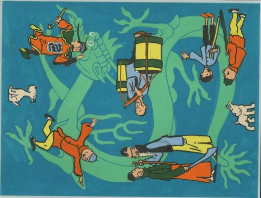 Lot 79 - HERGE (1907-1983) et studio. Projet textile tiré du "Lotus Bleu". Encre de chine, encre de couleur et collage des… | HVMC