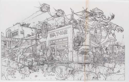 Geoff Darrow Christmas themed-artwork from Hellboy Christmas Special #1 featuring Shaolin Cowboy .