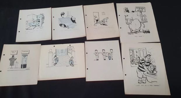 Lot 387 - EIGHT PEN AND INK ORIGINAL SINGLE-PANEL CARTOONS circa 1940s/50s, various subjects, five with hand | misc / divers