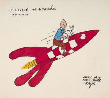 Carte de Vœux 1954 Tintin Et Milou Assis Sur Une Fusée Lunaire | Tintin et Milou assis sur une fusée lunaire | Artcurial