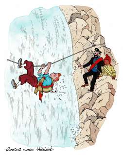 Yves Rodier - Lot 347 - Tintin, Le Temple du Soleil, dessin original à l’encre de chine et à l’aquarelle en hommage à HERGÉ.