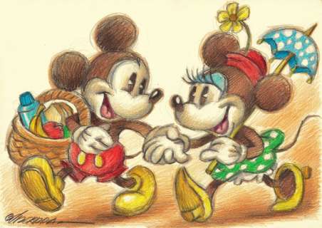 Joan Vizcarra | Vintage Mickey and Minnie in Springtime - Original Drawing - Joan Vizcarra | Catawiki