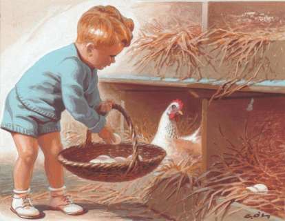 Davis, Reginald B. | Reginald B. Davis - Gouache op board ( 21,1 x 18,6 cm ) voor een kinderboek-illustratie - Boy collecting eggs. - (1960/1962) | Catawiki