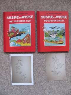 Willy Vandersteen | Suske en Wiske 39 + 42 - Het Vliegende Bed + De Gouden Cirkel - Rode Klassiek Reeks - 2x fraaie pentekening Paul Geerts - Cartonné - Réédition - (1997/1998) | Catawiki